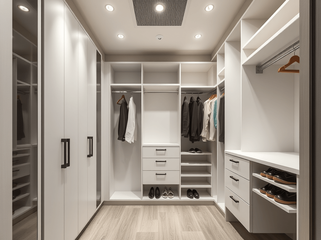 An intricately detailed custom built-in bookshelf crafted from pale bleached oak, with seamless joints and inset brass hardware, elegantly integrated into the living room of a high-end residence. Decorative minimalist objects rest in meticulously spaced intervals on the shelves, which are set within a soft, taupe wall. Diffused golden evening light filters in from a nearby window, gently illuminating the grain and casting elongated, delicate shadows across the shelves and objects. Captured at a straight-on, eye-level composition, the image balances refined details with a clean, open space. The atmosphere is calm, understated, and refined; the photographic style and muted palette reflect the sophistication of bespoke luxury carpentry.