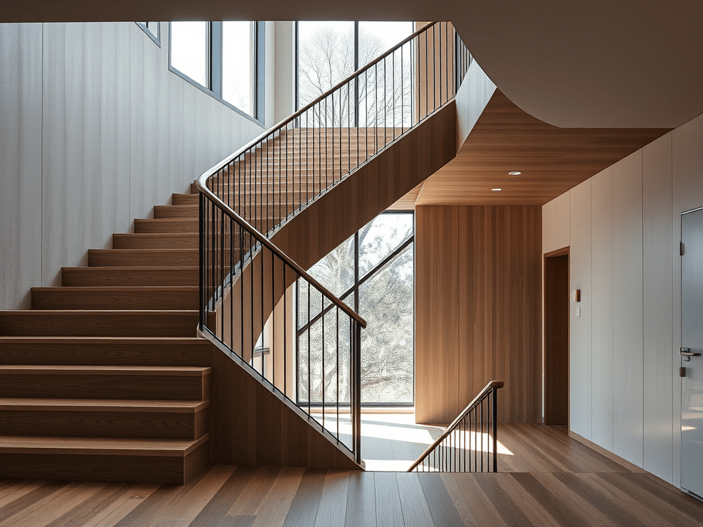 A meticulously crafted custom wood staircase with floating treads fashioned from flawless, rich walnut, each step showcasing refined grain patterns and a satin finish. The staircase hovers above pristine pale limestone flooring within a luminous modern foyer. Walls are finished in soft, off-white plaster, and a sleek glass balustrade with brass accents lines the stairs. Gentle natural daylight streams from an unseen skylight, creating subtle gradients and elegant, muted shadows. The composition is from a slightly elevated angle, emphasizing the interlocking geometry and understated opulence. The overall mood is sophisticated, serene, and inviting, perfectly embodying luxury home carpentry with a photographic, minimalist aesthetic.