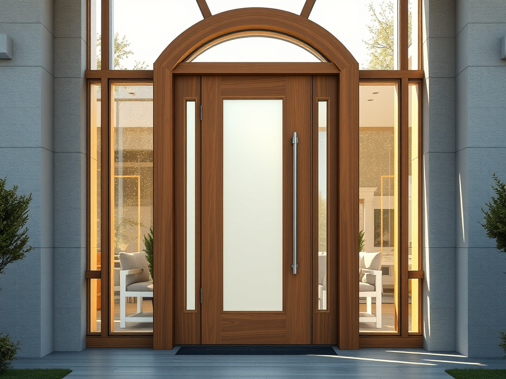 A pair of custom closet doors made from flawless, pale maple panels, featuring slender vertical brass inlays and recessed minimalist handles, installed within an opulent, high-ceilinged dressing suite. The doors are set against a backdrop of matte dove-gray walls and silky, muted carpeting, flanked by built-in cabinetry with understated hardware. Soft diffuse morning light from a large frosted window casts a serene, almost ethereal ambience, with gentle shadows outlining the doors’ smooth surfaces. Photographed from an eye-level, symmetrical composition, the image exudes refined serenity and sophistication, aligning with a clean, photographic aesthetic that underscores the artistry of luxury home carpentry.
