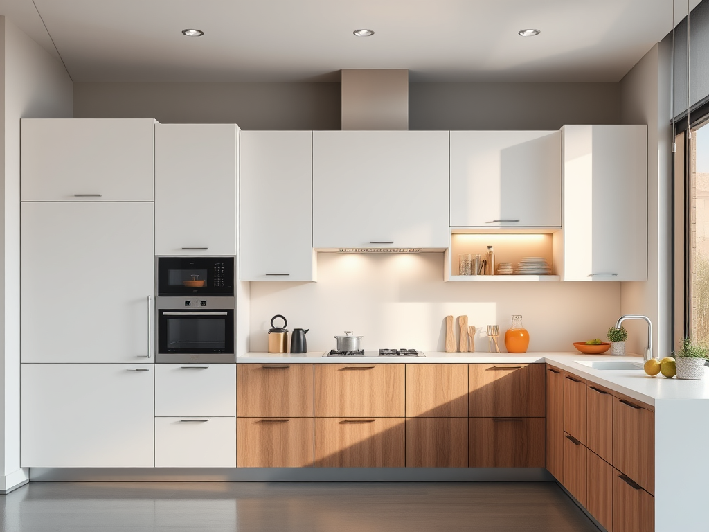 A sculptural custom fireplace mantel expertly carved from elegant dark cherry wood, its minimalist lines contrasting with intricate, subtle edge detailing. The mantel sits in a grand yet understated living space with large-format, pale stone flooring and soft, putty-toned walls. Above it, a sleek, unadorned wall in muted ivory hosts a sparse arrangement of refined ceramic decor. Ambient evening light spills in from a hidden source, producing soft highlights and deep, rich shadows that emphasize the depth of the wood grain and the mantel’s flawless craftsmanship. The composition is centered, with a hint of depth provided by a gently blurred background, creating a warm, sophisticated, and tranquil atmosphere in photographic realism.