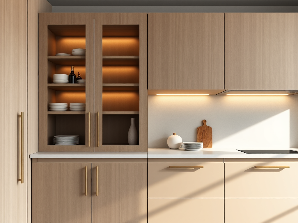 A smooth, hand-sculpted walnut kitchen island with seamless waterfall edges and a matte finish, set at the heart of a spacious, upscale kitchen. The island’s understated yet opulent design features subtle integrated handles and minimalist cabinetry, with a pale quartz countertop. Surrounding the island, the kitchen features muted taupe cabinetry and brushed nickel fixtures. Ambient pendant lighting above casts a warm, soft glow onto the surface, while indirect daylight filters in, creating elegant highlights and subdued shadows. Photographed from a low, three-quarter angle to accentuate the form and grain, the mood is quietly luxurious and modern, blending minimalist elegance with artisanal detail.