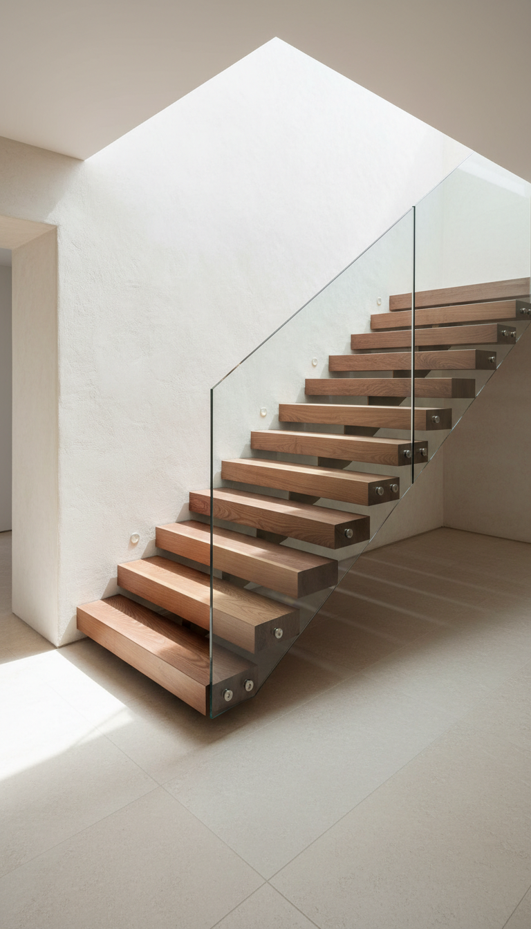 A meticulously crafted custom wood staircase with floating treads fashioned from flawless, rich walnut, each step showcasing refined grain patterns and a satin finish. The staircase hovers above pristine pale limestone flooring within a luminous modern foyer. Walls are finished in soft, off-white plaster, and a sleek glass balustrade with brass accents lines the stairs. Gentle natural daylight streams from an unseen skylight, creating subtle gradients and elegant, muted shadows. The composition is from a slightly elevated angle, emphasizing the interlocking geometry and understated opulence. The overall mood is sophisticated, serene, and inviting, perfectly embodying luxury home carpentry with a photographic, minimalist aesthetic.