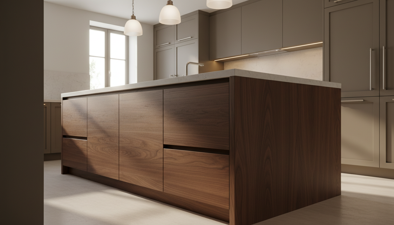 A smooth, hand-sculpted walnut kitchen island with seamless waterfall edges and a matte finish, set at the heart of a spacious, upscale kitchen. The island’s understated yet opulent design features subtle integrated handles and minimalist cabinetry, with a pale quartz countertop. Surrounding the island, the kitchen features muted taupe cabinetry and brushed nickel fixtures. Ambient pendant lighting above casts a warm, soft glow onto the surface, while indirect daylight filters in, creating elegant highlights and subdued shadows. Photographed from a low, three-quarter angle to accentuate the form and grain, the mood is quietly luxurious and modern, blending minimalist elegance with artisanal detail.