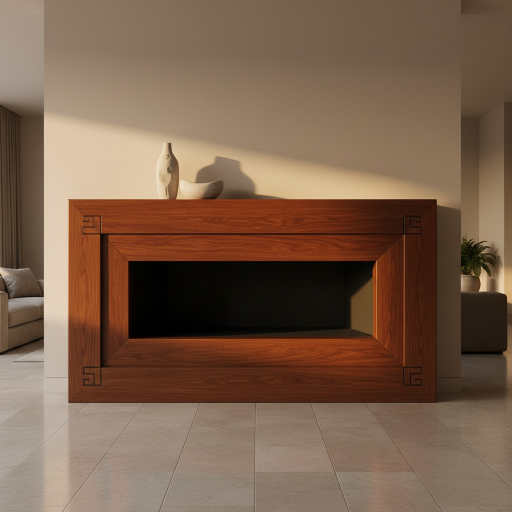 A sculptural custom fireplace mantel expertly carved from elegant dark cherry wood, its minimalist lines contrasting with intricate, subtle edge detailing. The mantel sits in a grand yet understated living space with large-format, pale stone flooring and soft, putty-toned walls. Above it, a sleek, unadorned wall in muted ivory hosts a sparse arrangement of refined ceramic decor. Ambient evening light spills in from a hidden source, producing soft highlights and deep, rich shadows that emphasize the depth of the wood grain and the mantel’s flawless craftsmanship. The composition is centered, with a hint of depth provided by a gently blurred background, creating a warm, sophisticated, and tranquil atmosphere in photographic realism.