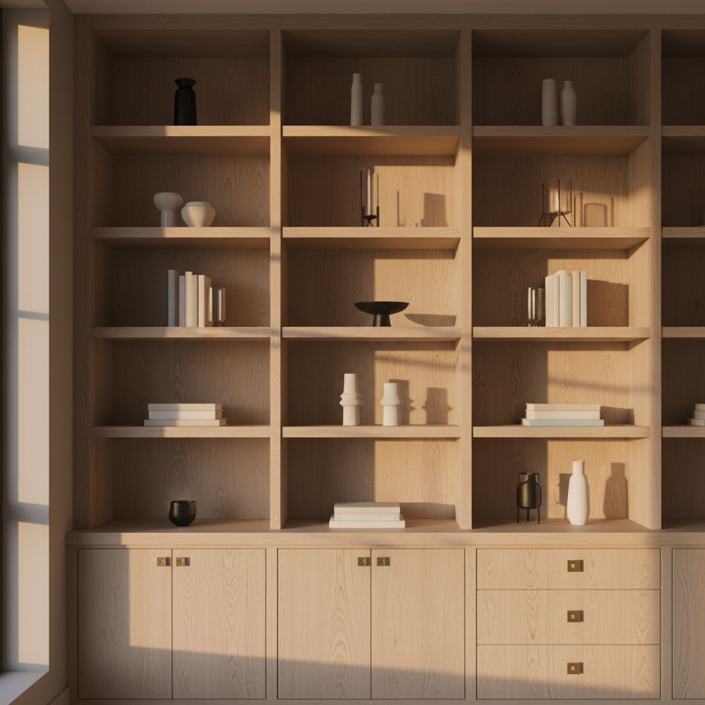 An intricately detailed custom built-in bookshelf crafted from pale bleached oak, with seamless joints and inset brass hardware, elegantly integrated into the living room of a high-end residence. Decorative minimalist objects rest in meticulously spaced intervals on the shelves, which are set within a soft, taupe wall. Diffused golden evening light filters in from a nearby window, gently illuminating the grain and casting elongated, delicate shadows across the shelves and objects. Captured at a straight-on, eye-level composition, the image balances refined details with a clean, open space. The atmosphere is calm, understated, and refined; the photographic style and muted palette reflect the sophistication of bespoke luxury carpentry.