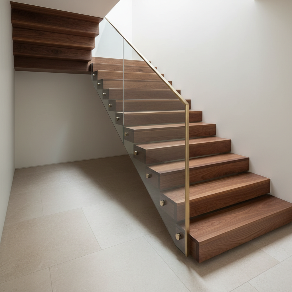 A meticulously crafted custom wood staircase with floating treads fashioned from flawless, rich walnut, each step showcasing refined grain patterns and a satin finish. The staircase hovers above pristine pale limestone flooring within a luminous modern foyer. Walls are finished in soft, off-white plaster, and a sleek glass balustrade with brass accents lines the stairs. Gentle natural daylight streams from an unseen skylight, creating subtle gradients and elegant, muted shadows. The composition is from a slightly elevated angle, emphasizing the interlocking geometry and understated opulence. The overall mood is sophisticated, serene, and inviting, perfectly embodying luxury home carpentry with a photographic, minimalist aesthetic.